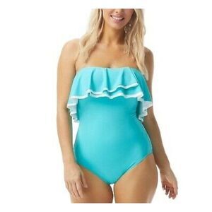 CONTOURS Women's Aqua Bandeau Neckline Ruffled One Piece Swimsuit 14 38C